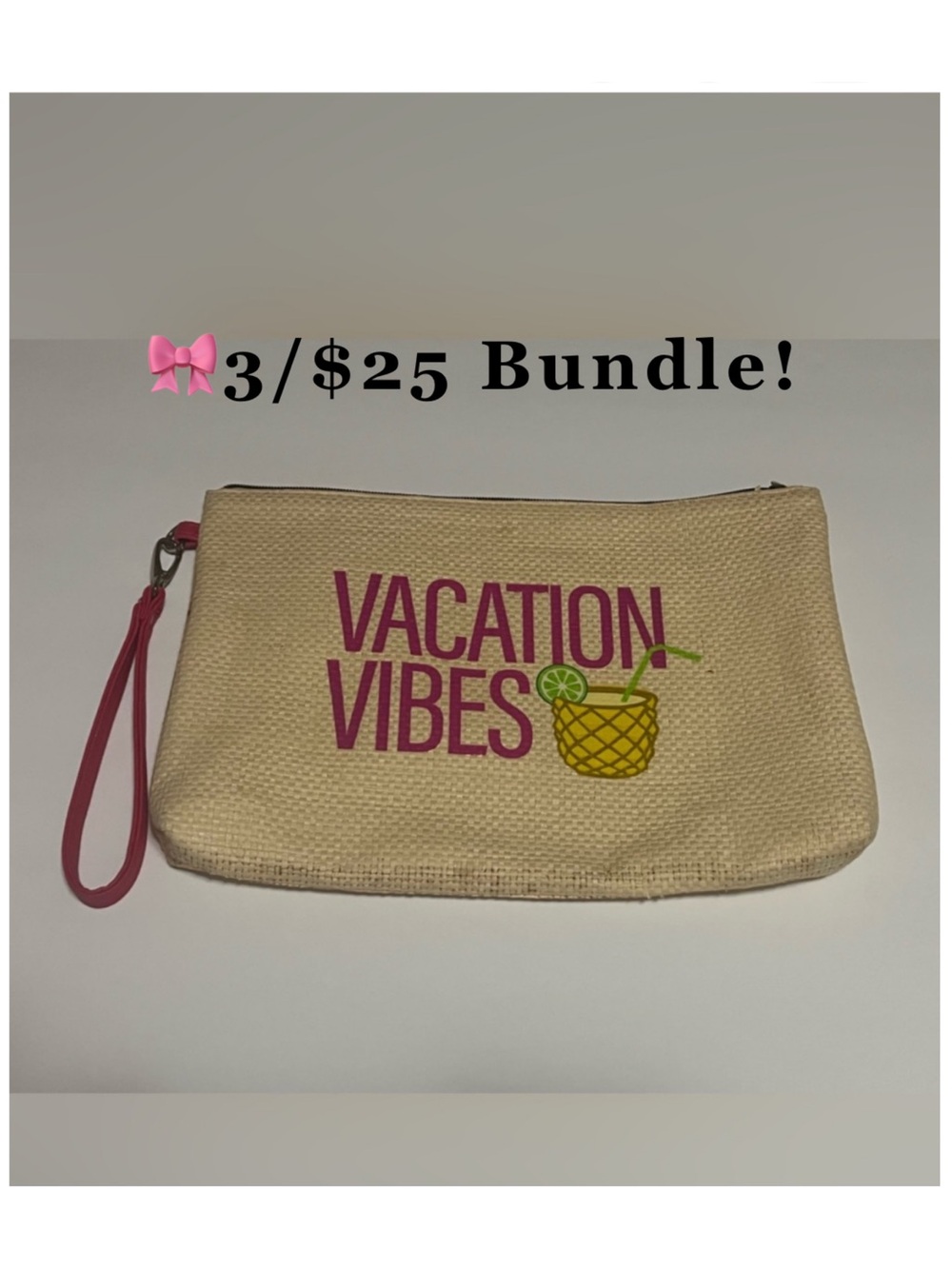 🎀3 For $25 Bundle! Vacation Vibes Straw Large Wristlet Natural Pink & Yellow
